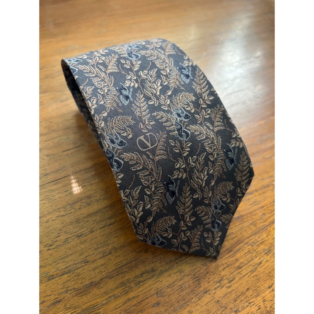 Valentino Cravatte Mens Silk Necktie Brown Blue Botanical Fern Floral Logo Italy